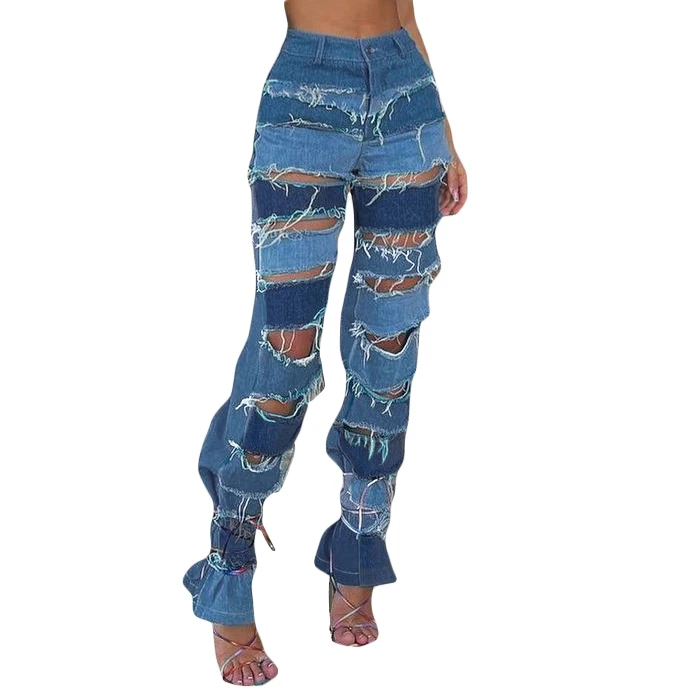 

W21P06291 2021 High Street Fashion Casual Jeans High Waist Patchwork Hollow Out Sexy Women's Jeans