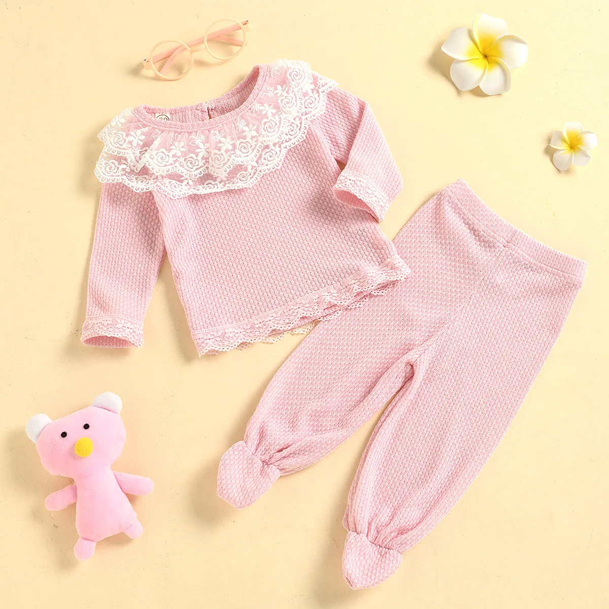 

Hot Selling Autumn Pink Long Sleeve Lace Tops Kids Baby Pants 2pcs Set