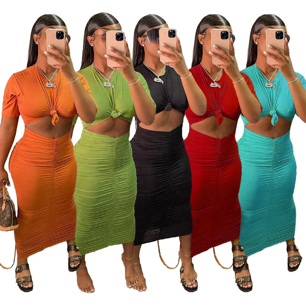 

Solid color summer fashion short sleeve tops with ruffle sexy long skirt set Two piece skirt set for women, Orange/red/black/blue/avocado green