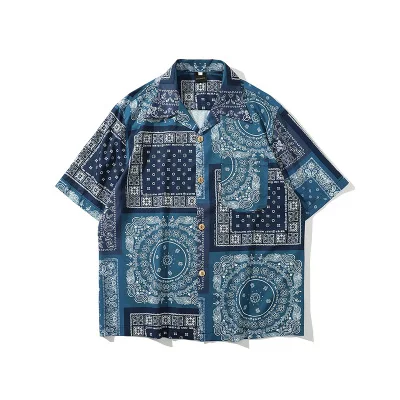 

In Stock Wholesale Men Paisley Bandana Print Shirt Polyester Blue