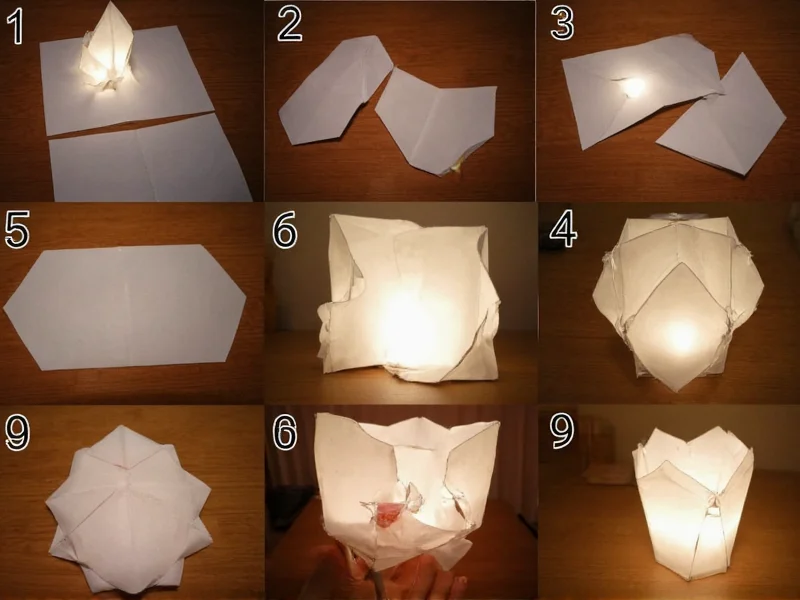 Step-by-step paper lantern assembly with folded paper and LED light