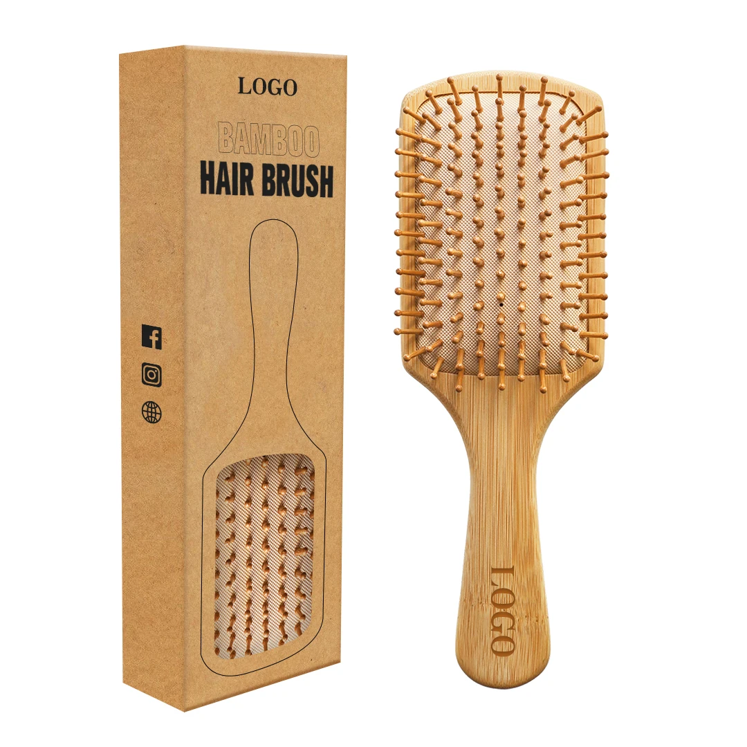 

Custom Logo Bamboo Bristle Scalp Massage Hairbrush Detangling Cushion Bamboo Hair Brush for Natural Hair