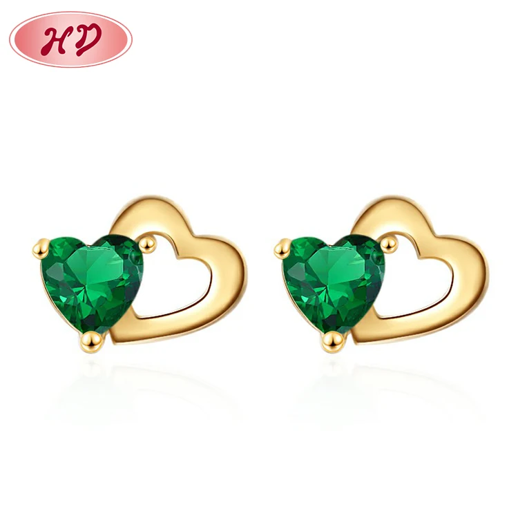 

18 karat gold micro pave green cubic zirconias heart shaped women stud earring gift jewelry