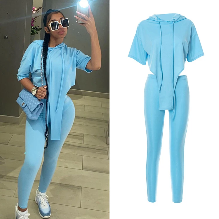 

2021 Fashion Design Asymmetrical Blue Custom Hoodie 2piece Set Women Sweatsuit Streetwear Skinny Two Piece Pants Set