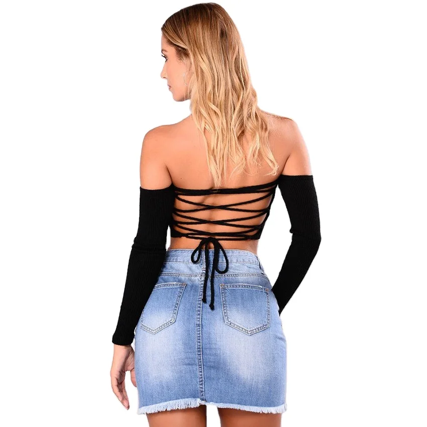 

Sexy Long Sleeve Off Shoulder Backless Bandage Crop Top Women Casual Workout Clothing Outfit Apparel With Straps, Mustard/customized