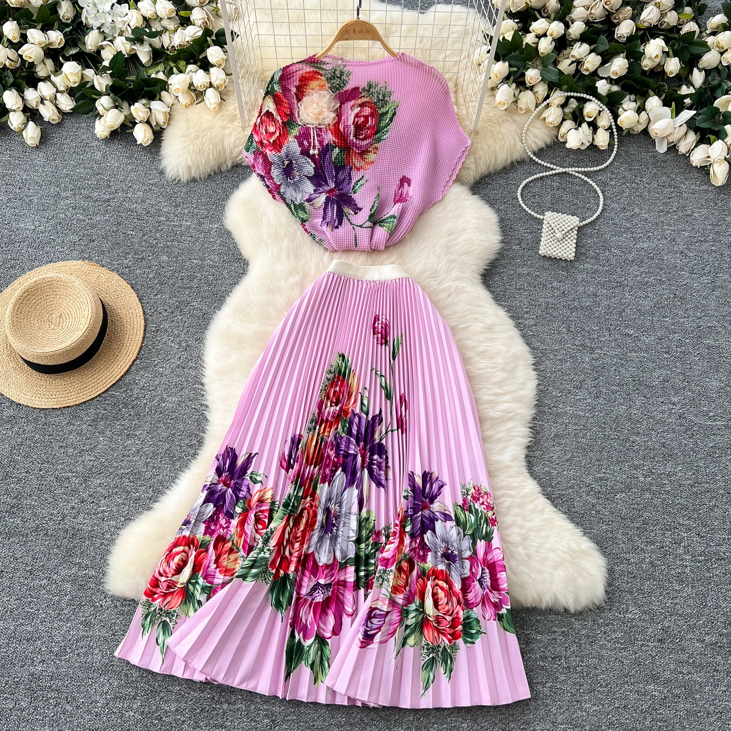Ladies 2 Piece Set LW1392 Floral Stretch Pleated Top + A-Line Skirt Set - Women'S Fit Printed Skirt Two Piece Set for Ladies