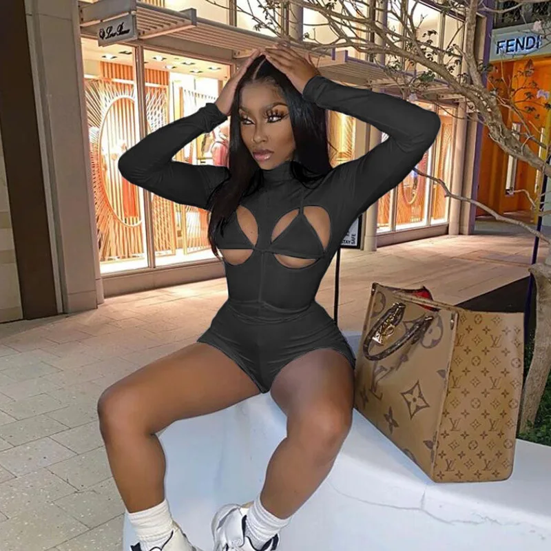 

Hot Sale Tight Long Sleeve High Waist Hollow Out O-Neck Club Wear Women Jumpsuit Corset Women