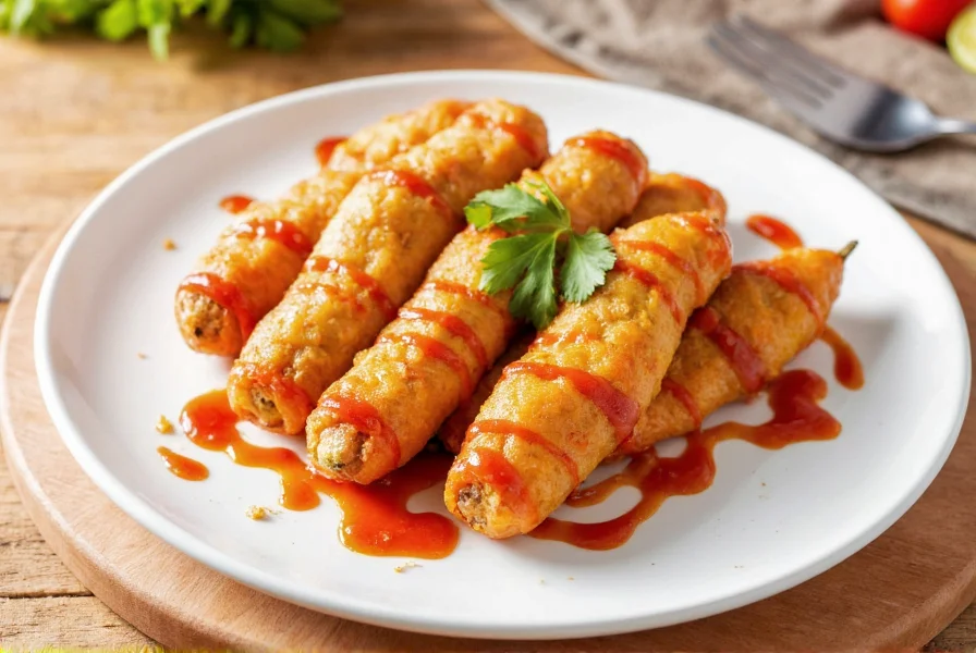 Golden brown chili rellenos arranged on white plate with fresh tomato sauce drizzle and cilantro garnish