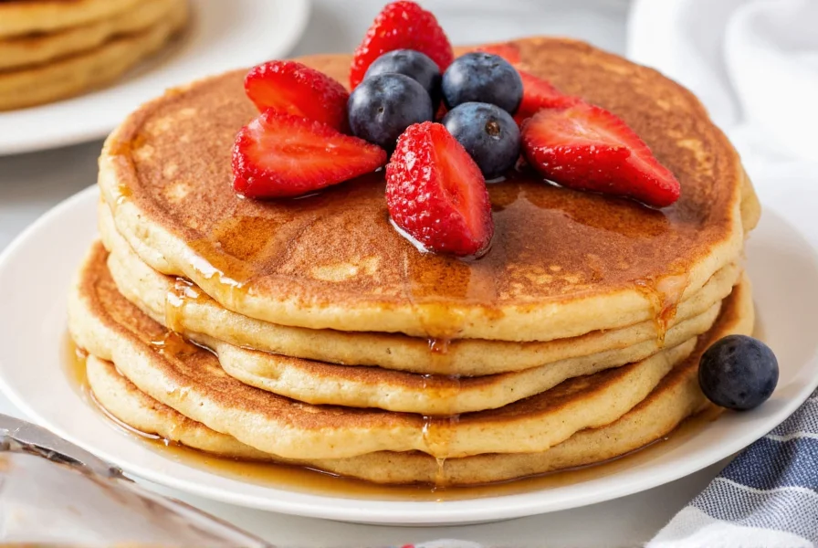 Assortment of cinnamon pancakes with syrup drizzle and fresh berries on white plate