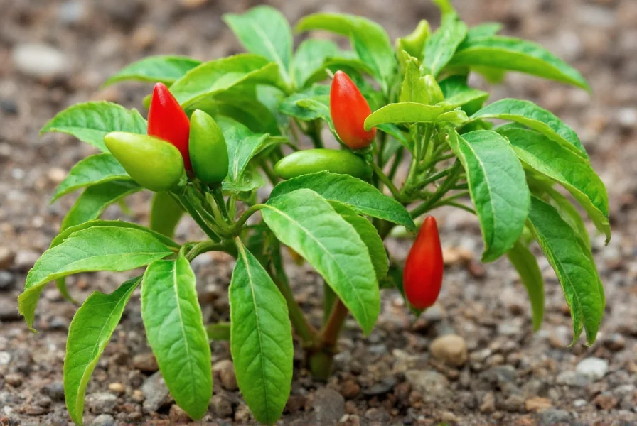 Healthy serrano chili plant growing in garden soil with multiple green and red peppers visible on the bush