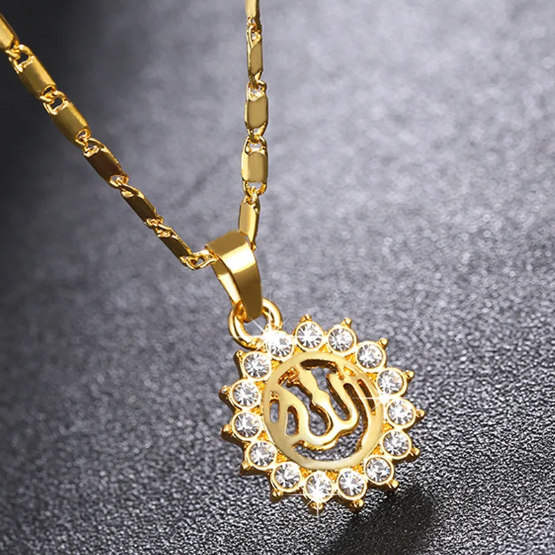 

Creative Religious Arabic Emblem Pendant Necklace 18k Gold plated Rhinestone Crystal Sun Pendant Necklace