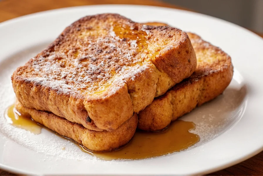 Perfectly golden French toast with cinnamon bread served on white plate with maple syrup drizzle and powdered sugar