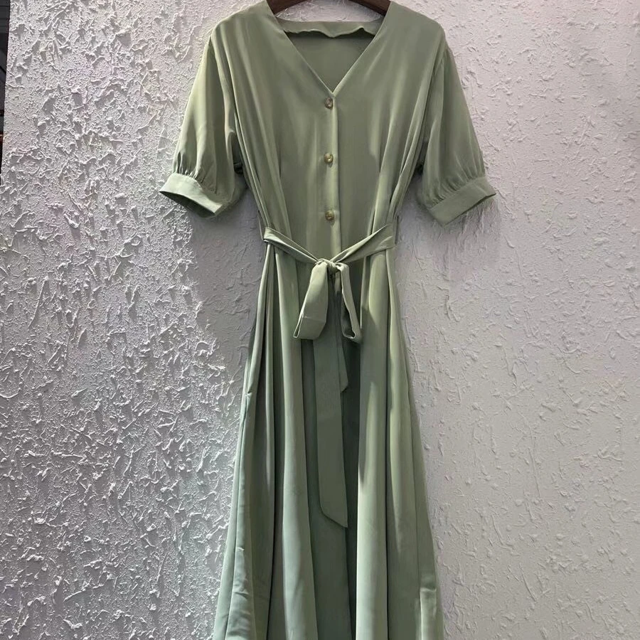 

Roupas Femininas Women Vintage Robe Short Sleeve Solid Slim A-Line Robe New 2021 Summer Elegant Ladies Casual Dress Vertidos