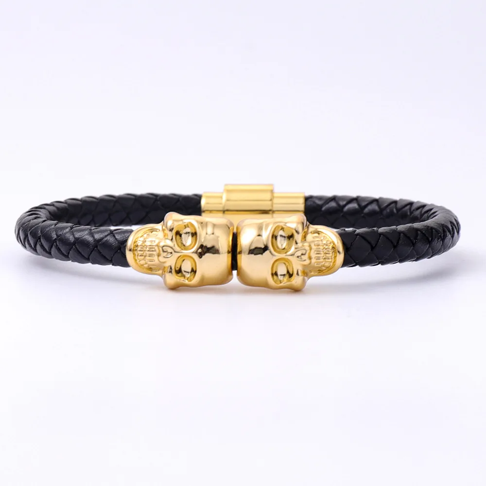 

Punk Skull Bracelet Men Double Skeleton Head Genuine Leather Bracelet Men Hand Jewelry