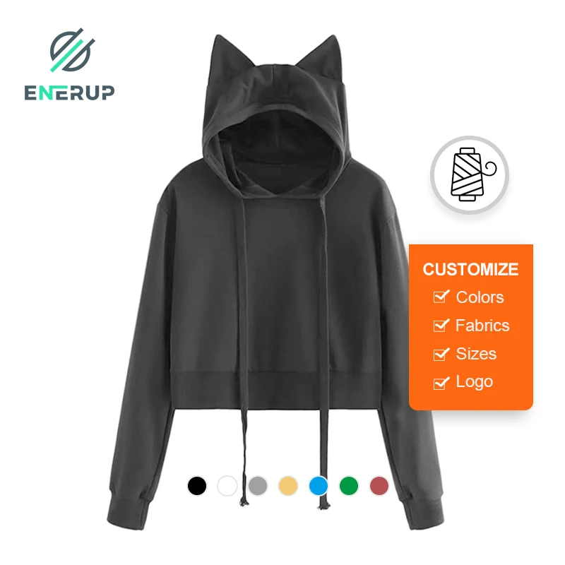 

Enerup Women's Casual Woven Hoodie Custom Washed Black Pullover Knitted Sweatshirts with Sublimated Print Crop Top