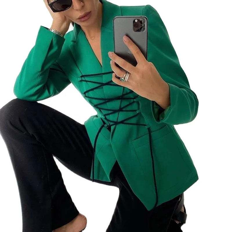 

2021 autumn new women's long sleeve strap long style casual fashion temperament small suit, 4 colors