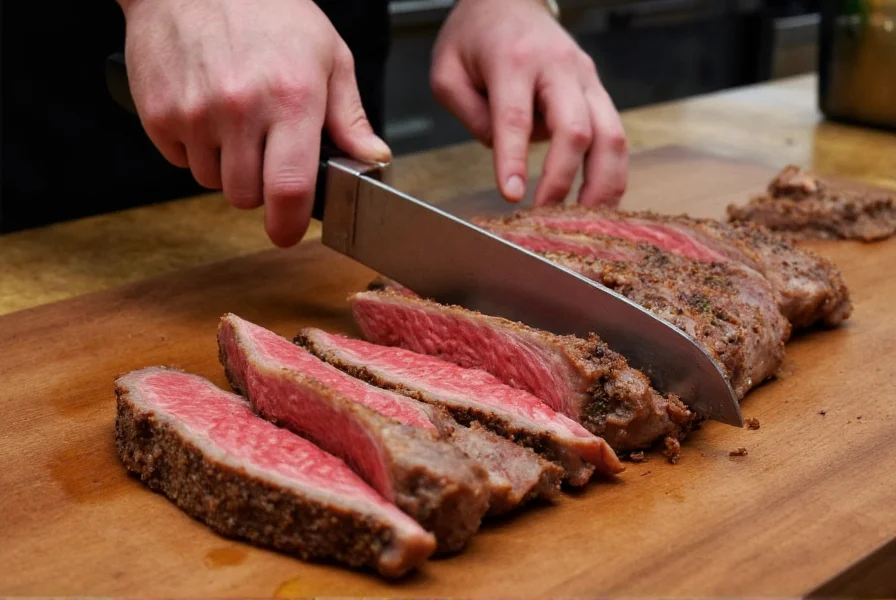 Professional chef slicing flank steak against the grain for steak and pepper stir fry recipe