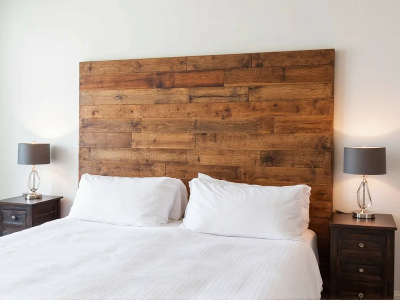 Reclaimed wood headboard mounted on bedroom wall
