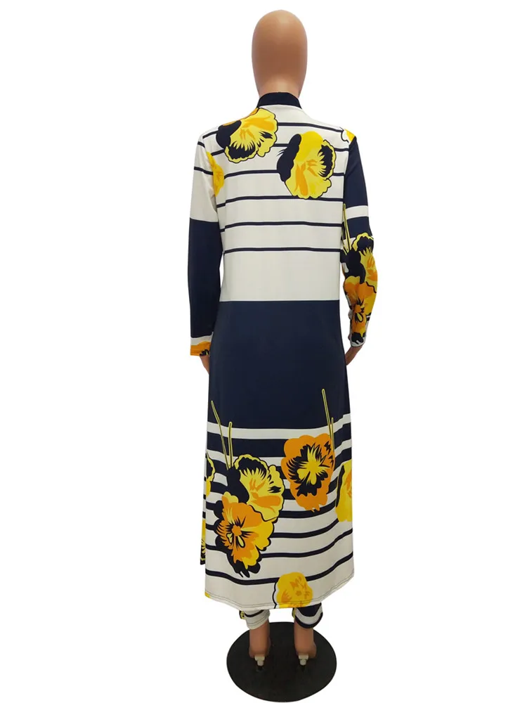 SACM202 print trendy long coat and pencil pants women casual suit ladies 2 piece set