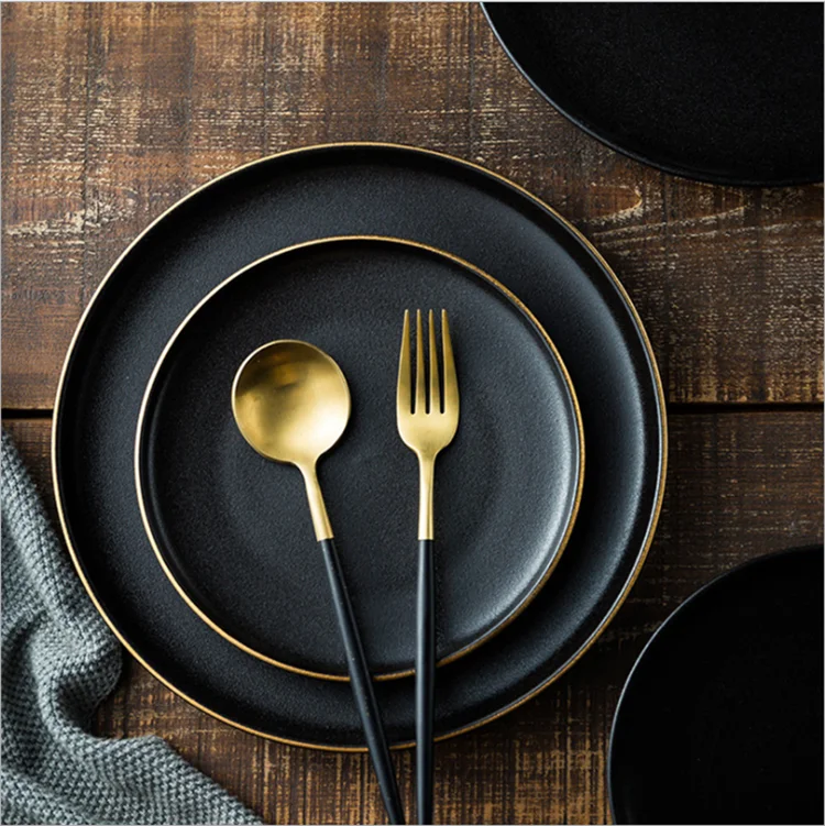 

High quality frosted steak flat plate with gold edge western restaurant hotel tableware ceramic shallow plate