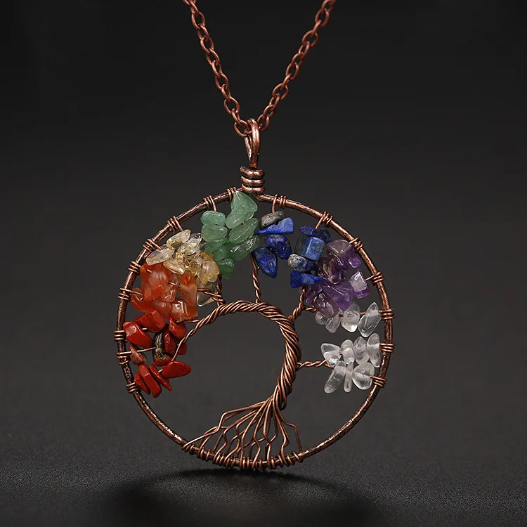 

Women Tree of life Pendant Necklace Jewelry Raw Amethyst Rose Chakra Crystal Gemstone Necklace