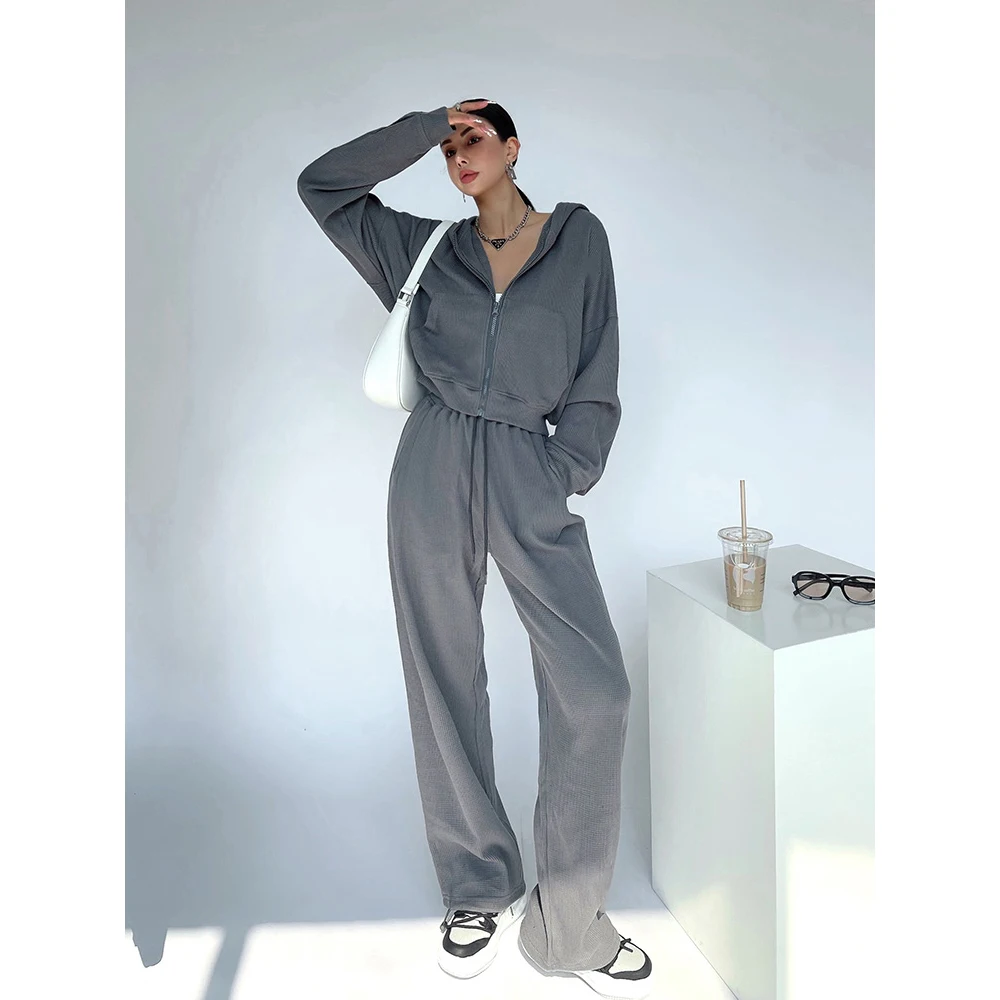 

Custom Embroidered Waffle sweatpants and hoodie set women high quality joggers and hoodie set women with zipper, Customized color