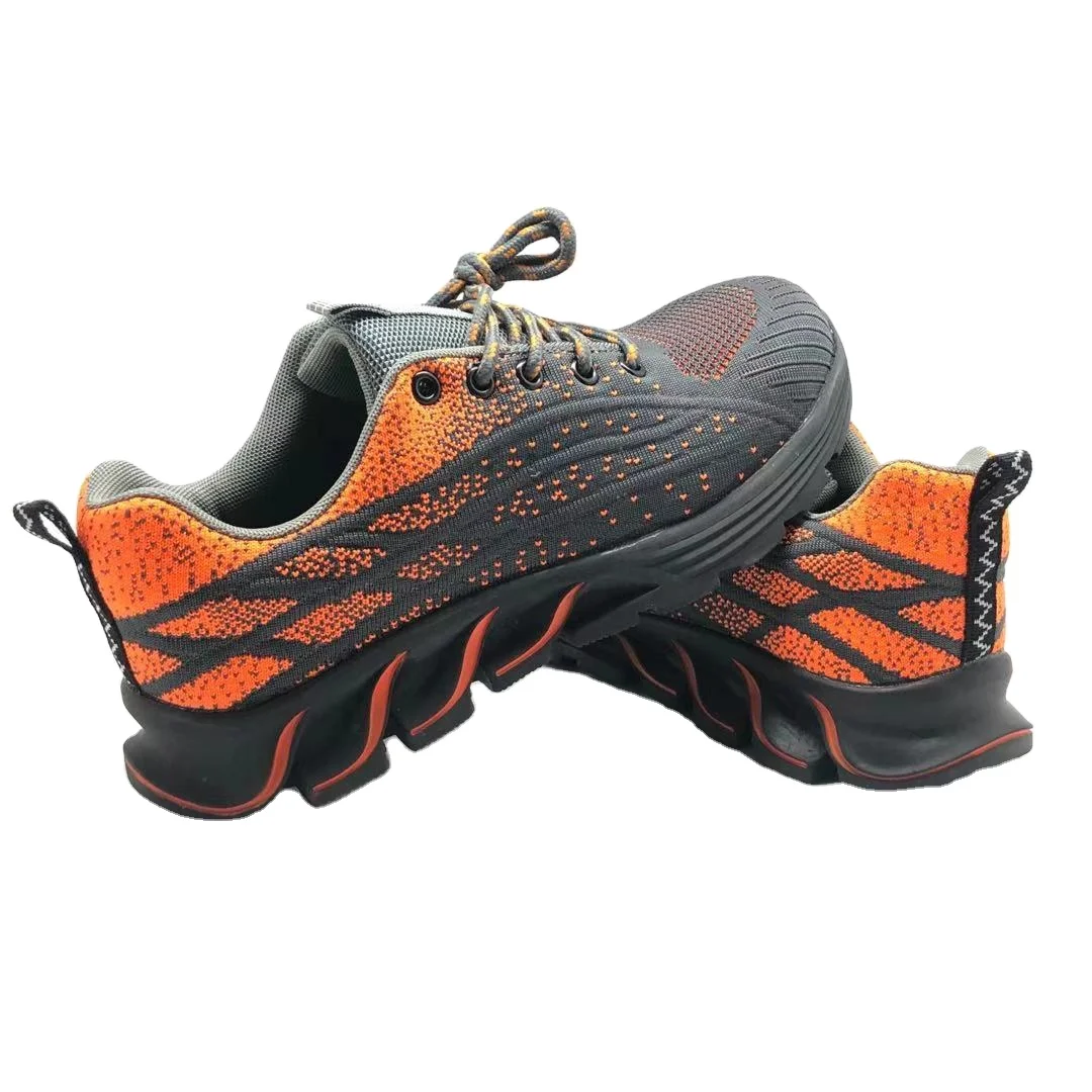

rubber pu outsole anti-slip oil resistant steel toe flying knit sneakers safety shoes, Black red blue orange