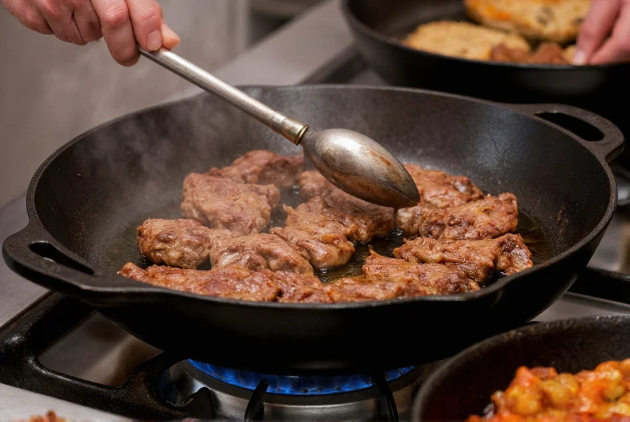Professional chef searing beef strips in cast iron skillet for pepper steak recipe with gravy