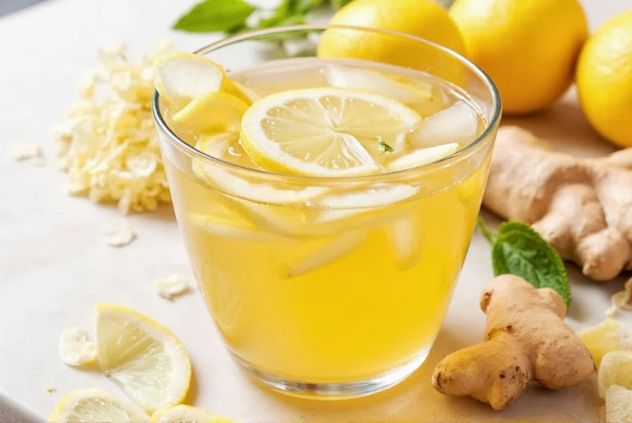 Properly prepared lemon ginger tea in a mug with fresh ingredients