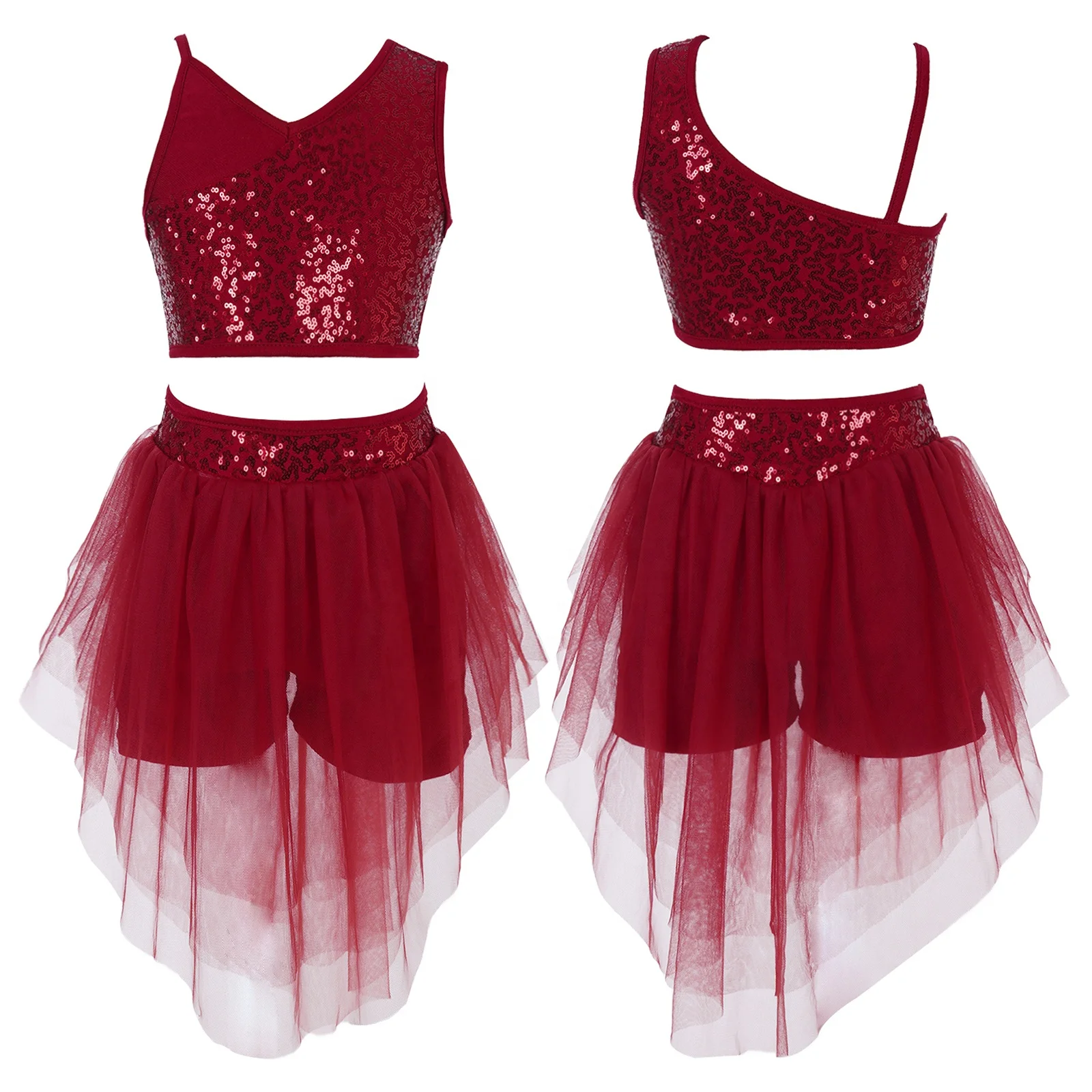 

Kids Girls Stylish Dance Suit Sequins Top with Mesh Skirt Performance 2 Piece Skirt Set