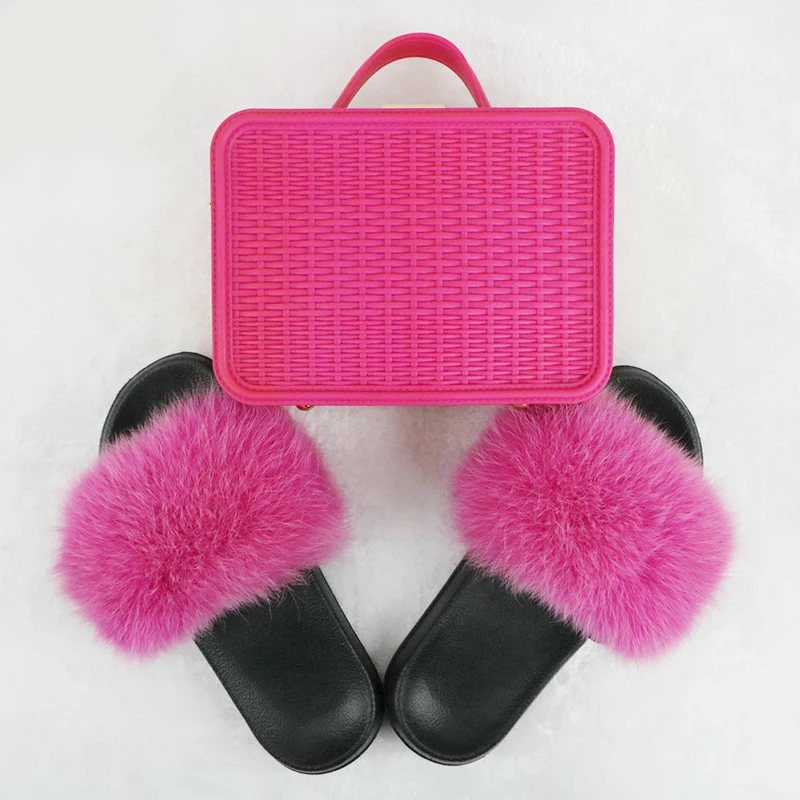 

Multi colors styles Handbag Shoe and Bag Set for Women fox fur ladies cool slippers and bag set, As photos or customizable