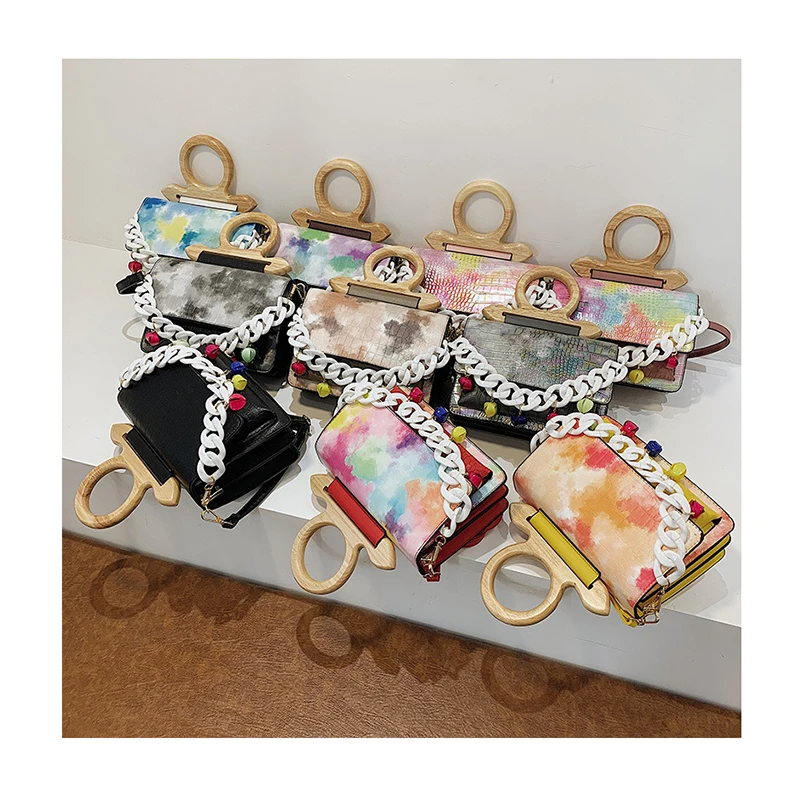 

2021 Round Wood Handle Luxury Brand Designer Bag For Women Fashion Acrylic Ladies Handbag Printed Alligator Purse Bolsa Feminina