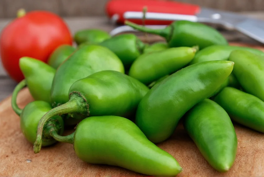Close-up view of fresh green jalapeno peppers on a wooden cutting board with gardening tools