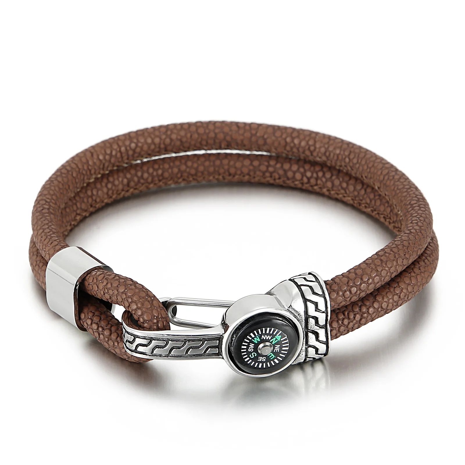 

KALEN Cool Brown braided leather stainless steel compass buckle bracelet men, Brown and steel