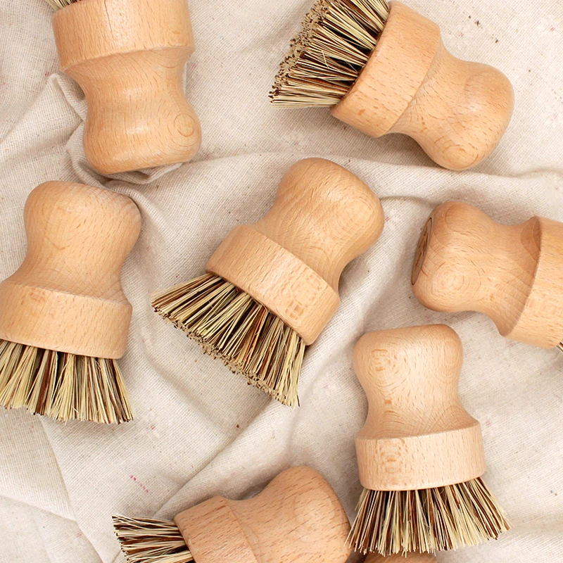 

Natural Fibers Kitchen Dish Pot Pan beech wood Cleaning Brush/Round Mini Brush Fiber Bristle Pot Brush, Original wood color