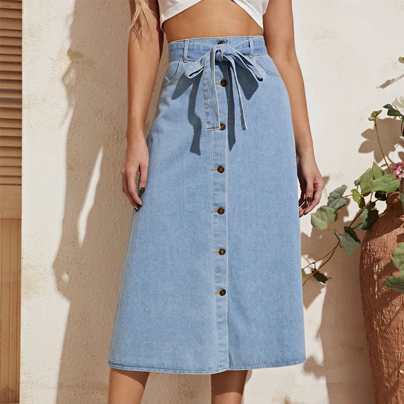 

Womans casual skirt high waisted solid button up knee length denim jean skirt for women with self belt