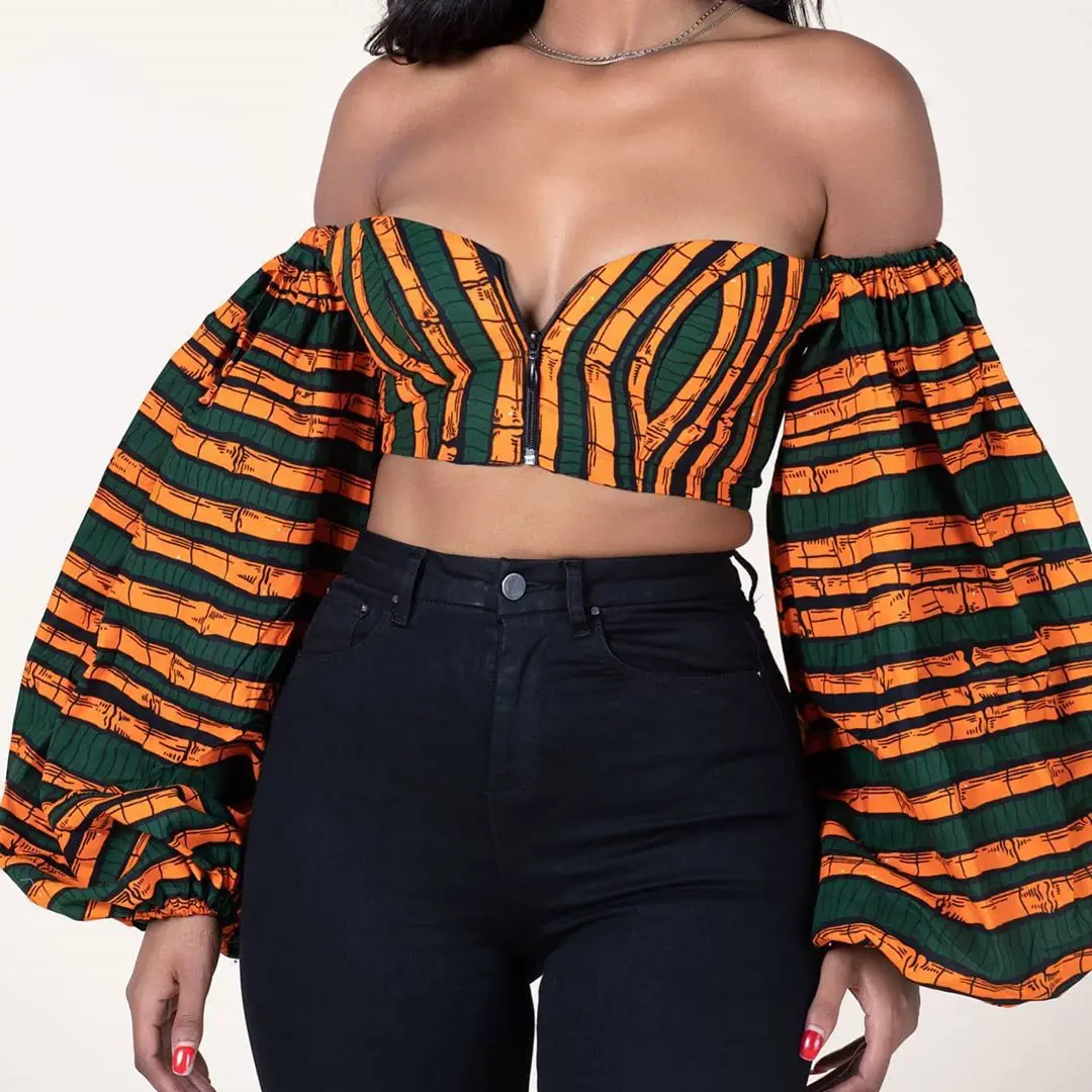 

Wholesale Amazon Africa Clothing Style Printed Sexy Tube Long Lantern Sleeve Zipper Backless Slim Fit Woman Tops Fashionable, Shown