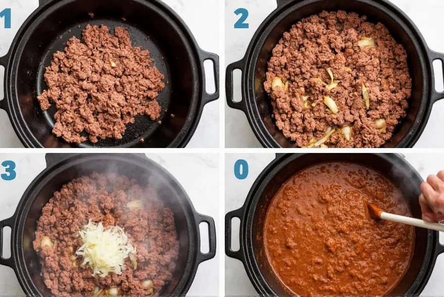 Step-by-step preparation of taco chili showing ground beef browning in cast iron pot with onions and garlic