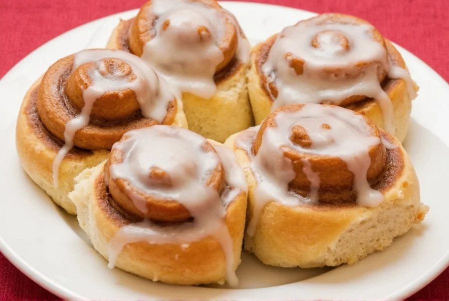 Professional food photography of golden brown cinnamon rolls with cream cheese icing drizzled on top, close-up showing the spiral layers and gooey filling