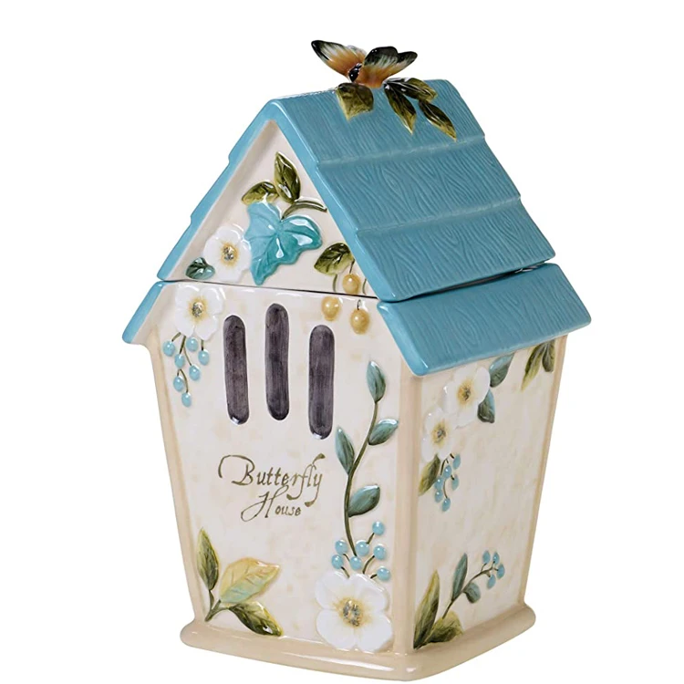 

hand painted house shape kitchen storage ceramic flower jar