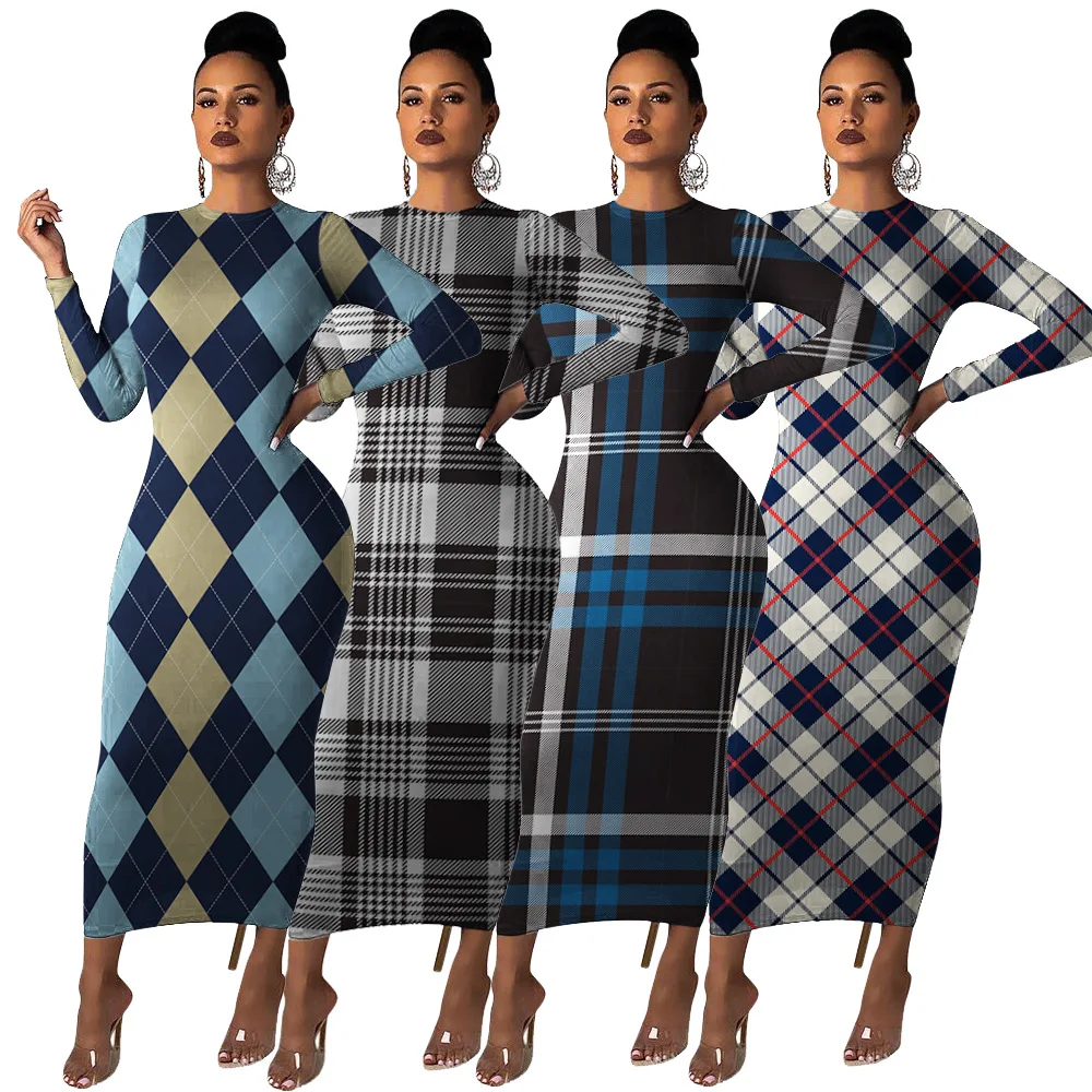 

MT19-286 women personality long sleeve plaid bandage bodycon maxi dresses