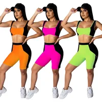 

Women Two Piece Tracksuit Crop Top and Short Pants Playsuit Patchwork Biker Shorts Set