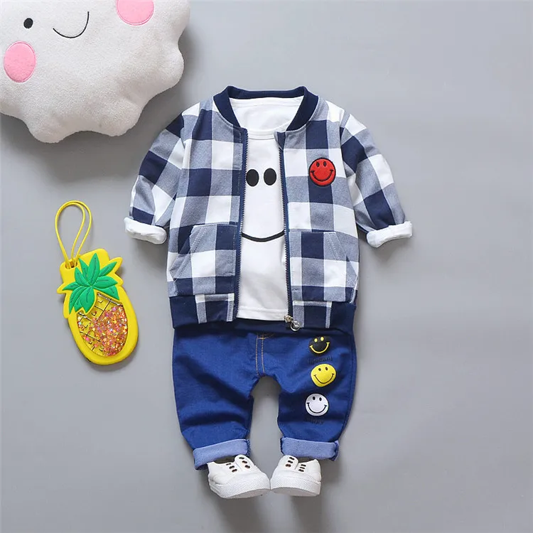 

Boy's Clothing Sets Casual Kids Long Sleeve T shirt + Jeans + Plaid Boys Spring Jacket 3 pc Cotton Children's Clothes, Red, blue