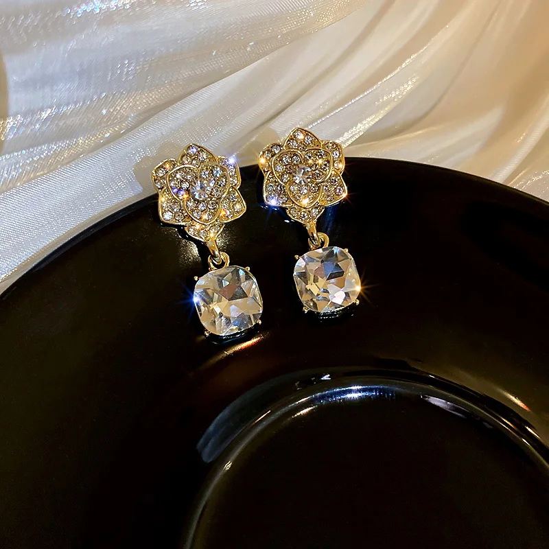 

fashion flower square crystal earrings drop