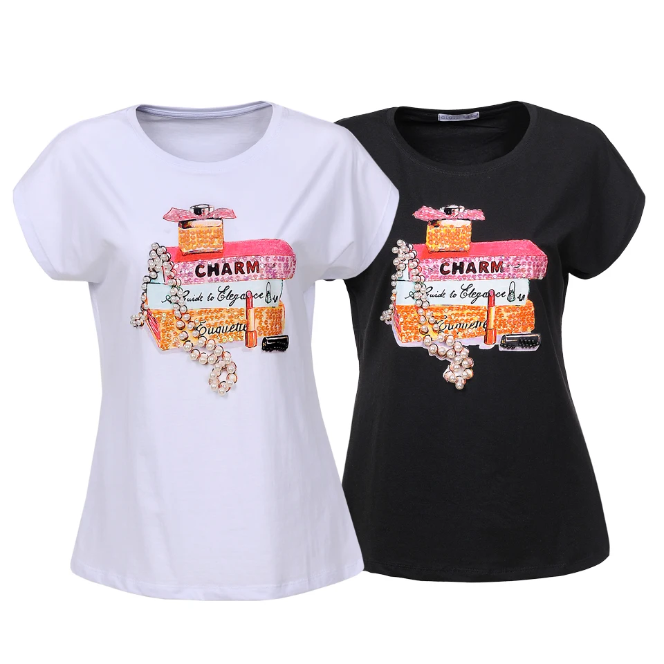 

8Pcs/Pack Women's T-shirts Ladies' Casual Fashion Pearl and Sequin Short Sleeve High Quality Cotton T shirt Wholesale