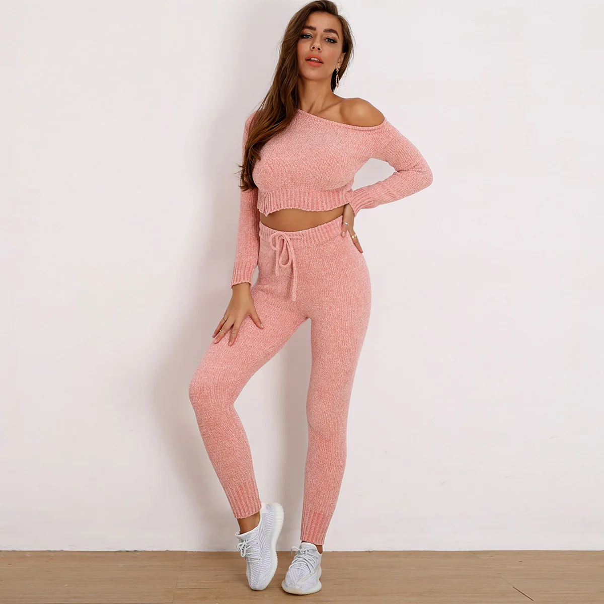 

New Autumn Two Piece Set Long Sleeve Boat Neck Sexy Crop Top And Pants Dew Shoulder Pullover Knitted Women's Sweater Suits, Customized color