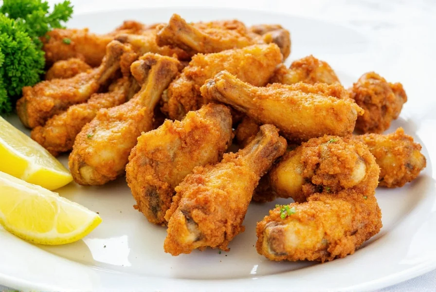 Crispy golden chicken wings coated in lemon pepper seasoning on a white plate with lemon wedges and fresh parsley