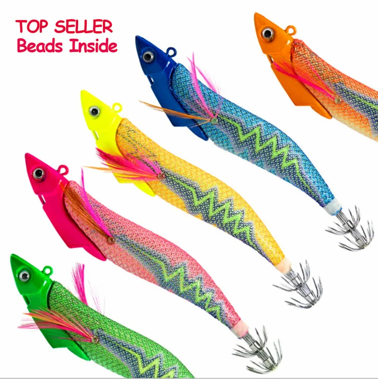 

TOPLURE 3.5# Beads Inside Squid Jigs Fishing Squid Lure with Plastic Body Wrapped by Luminous Cloth Fabric Wood Shrimp Bait