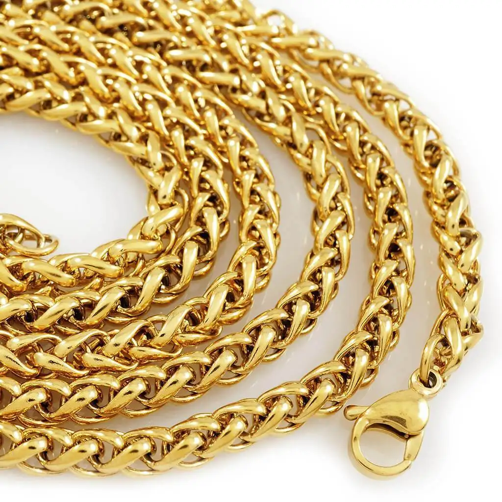 

Olivia 3mm gold wheat chain mens stainless steel long link twisted chain braided wheat spiga link chain necklace custom size