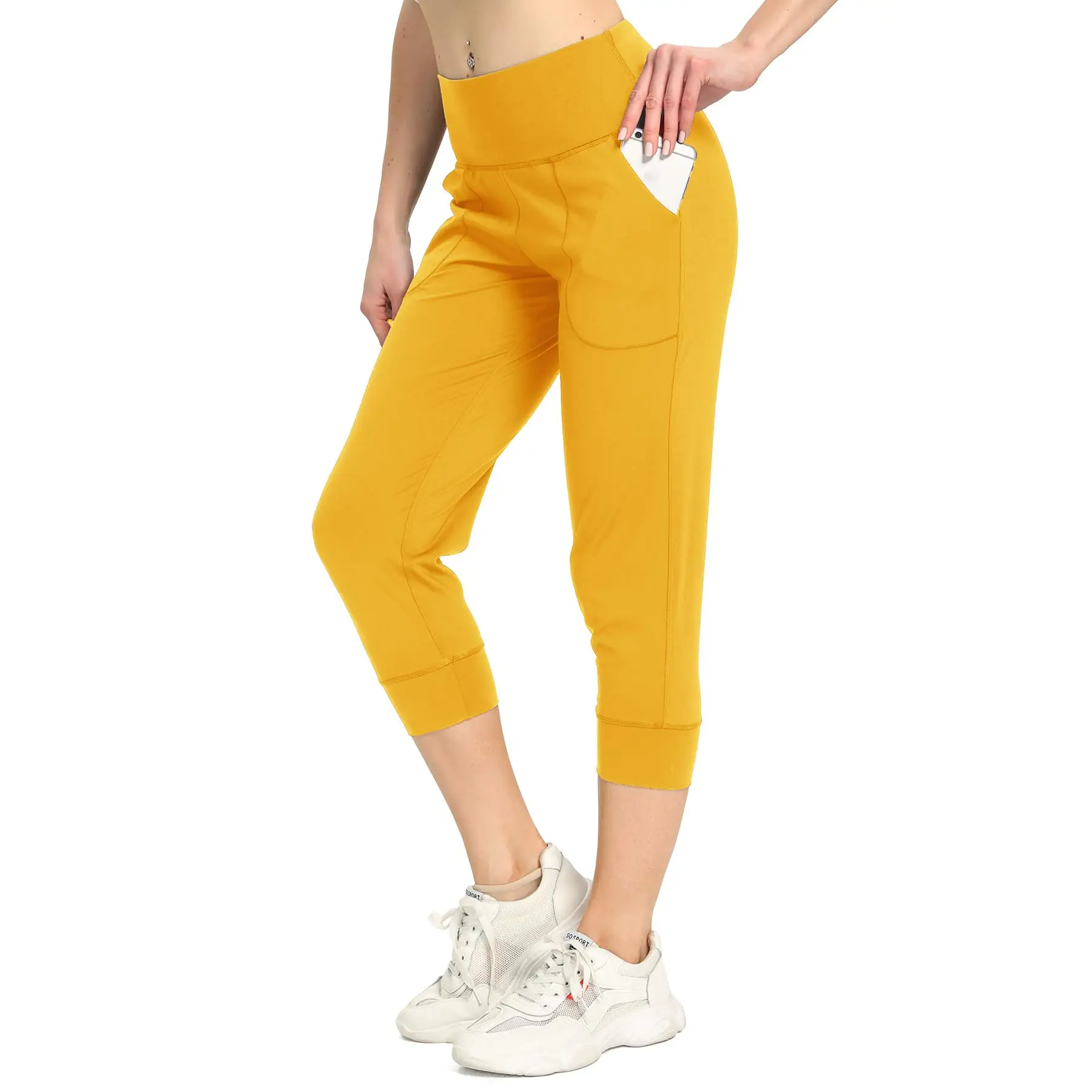 

Chic Yellow High Waist Elastic Bottom Jogger With Three Pockets Sports Women Yoga ODM Jogging Pants